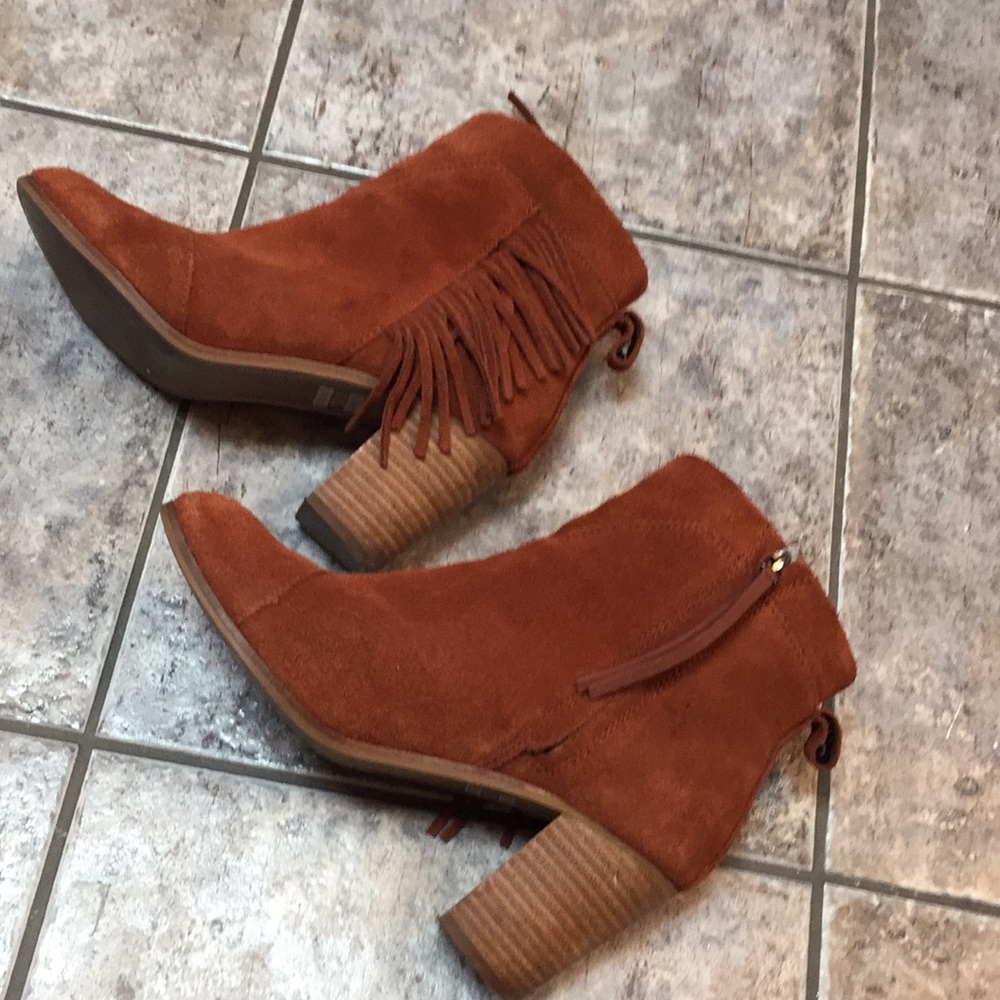 Toms Suede Fringe Block Heel Booties